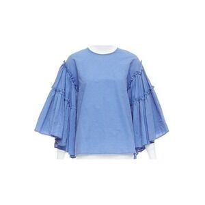dRA Los Angeles Women's M‎ Blue White Pinstripe Ruffle Bell Sleeve Blouse Top